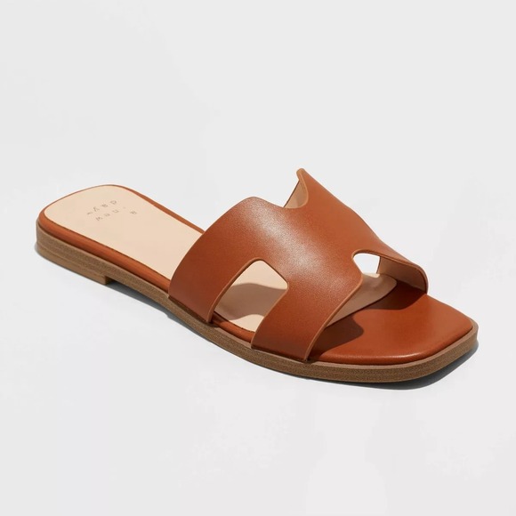 A‎ New Day Nina Cognac Slide Sandals Size 9 Faux Leather Open Toe Ankle Strap - Picture 1 of 6